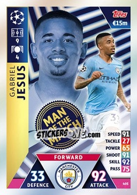 Sticker Gabriel Jesus - UEFA Champions League 2018-2019. Match Attax n. 405 - Topps
