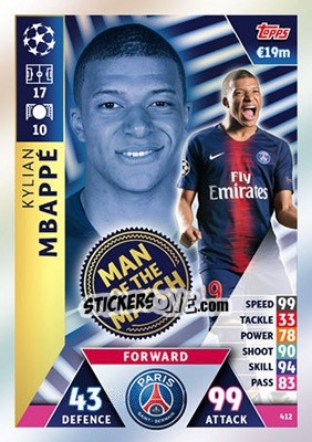 Sticker Kylian Mbappé - UEFA Champions League 2018-2019. Match Attax n. 412 - Topps
