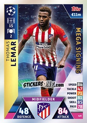 Sticker Thomas Lemar - UEFA Champions League 2018-2019. Match Attax n. 419 - Topps