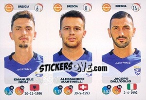 Sticker Emanuele Ndoj / Alessandro Martinelli / Jacopo Dall'Oglio - Calciatori 2018-2019 n. 585 - Panini