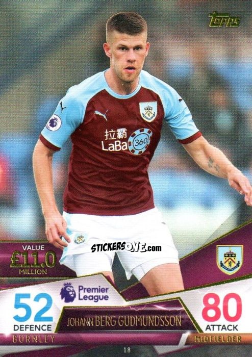 Figurina Johann Berg Gudmundsson - English Premier League 2018-2019. Match Attax Ultimate n. 18 - Topps
