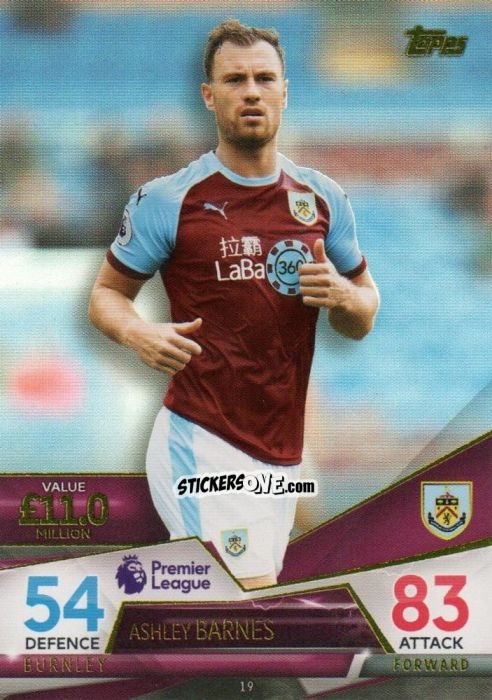 Sticker Ashley Barnes - English Premier League 2018-2019. Match Attax Ultimate n. 19 - Topps