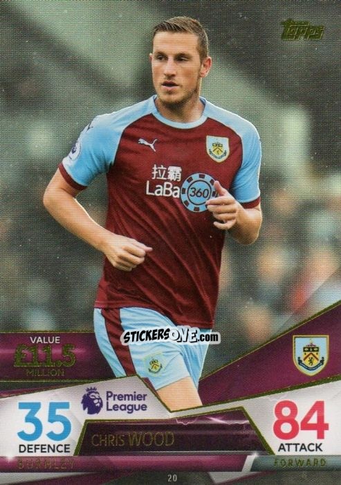 Sticker Chris Wood - English Premier League 2018-2019. Match Attax Ultimate n. 20 - Topps