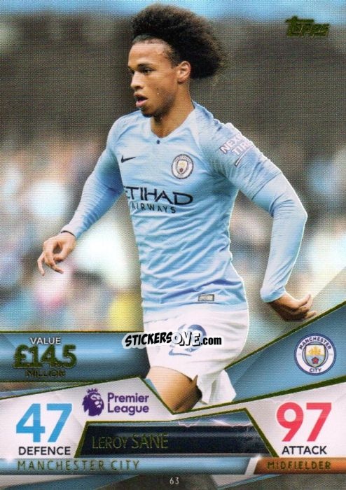 Sticker Leroy Sane - English Premier League 2018-2019. Match Attax Ultimate n. 63 - Topps