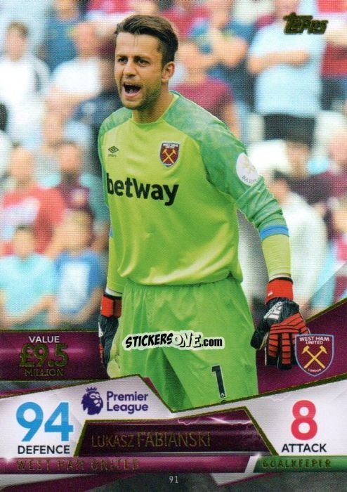 Sticker Lukasz Fabianski - English Premier League 2018-2019. Match Attax Ultimate n. 91 - Topps