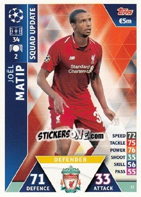 Sticker Joël Matip - UEFA Champions League 2018-2019. Match Attax. Road to Madrid 19 n. 12 - Topps