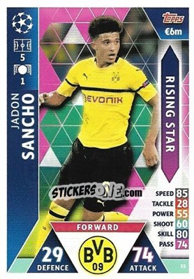 Sticker Jadon Sancho - UEFA Champions League 2018-2019. Match Attax. Road to Madrid 19 n. 53 - Topps