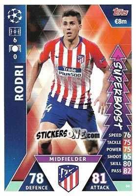 Sticker Rodri - UEFA Champions League 2018-2019. Match Attax. Road to Madrid 19 - Topps