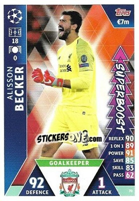Sticker Alisson Becker - UEFA Champions League 2018-2019. Match Attax. Road to Madrid 19 n. 70 - Topps