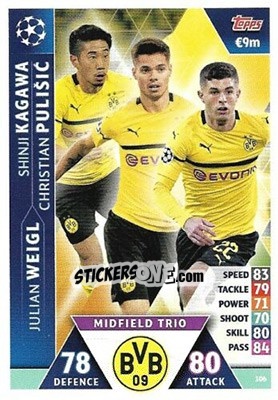 Sticker Shinji Kagawa / Christian Pulišic / Julian Weigl - UEFA Champions League 2018-2019. Match Attax. Road to Madrid 19 n. 106 - Topps