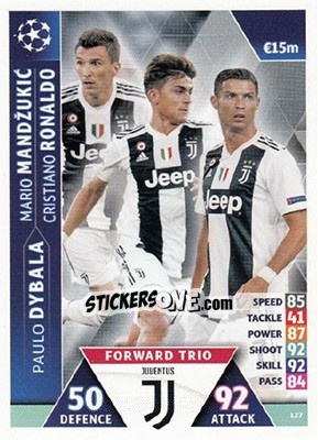 Sticker Paulo Dybala / Cristiano Ronaldo / Mario Mandžukic - UEFA Champions League 2018-2019. Match Attax. Road to Madrid 19 n. 127 - Topps