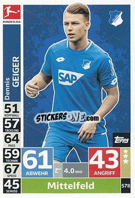 Sticker Dennis Geiger - German Fussball Bundesliga 2018-2019. Match Attax Extra - Topps