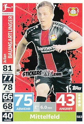 Sticker Julian Baumgartlinger - German Fussball Bundesliga 2018-2019. Match Attax Extra - Topps