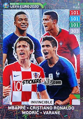 Sticker Invincible (Kylian Mbappé / Cristiano Ronaldo / Luka Modric / Raphaël Varane) - Road to UEFA Euro 2020. Adrenalyn XL n. 1 - Panini