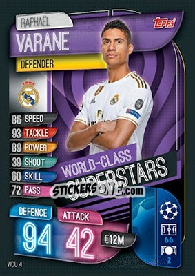 Sticker Raphaël Varane - UEFA Champions League 2019-2020. Match Attax. UK Edition n. WCU4 - Topps