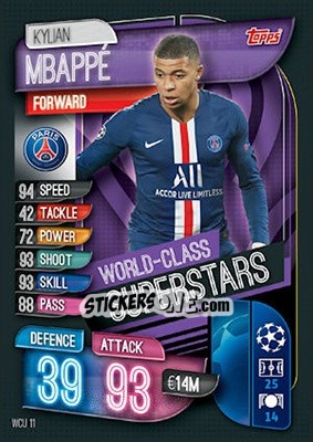 Sticker Kylian Mbappé - UEFA Champions League 2019-2020. Match Attax. UK Edition n. WCU11 - Topps