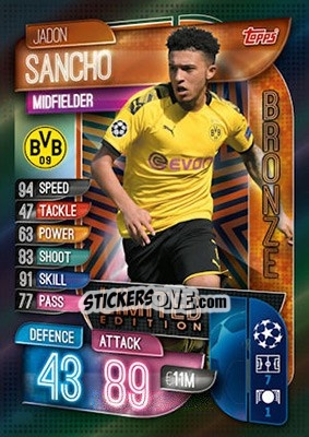 Sticker Jadon Sancho - UEFA Champions League 2019-2020. Match Attax. UK Edition - Topps