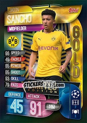 Sticker Jadon Sancho - UEFA Champions League 2019-2020. Match Attax. UK Edition n. LE2G - Topps
