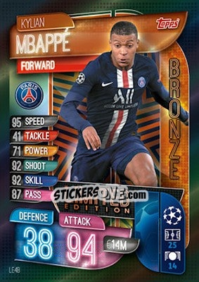 Sticker Kylian Mbappé - UEFA Champions League 2019-2020. Match Attax. UK Edition n. LE4B - Topps