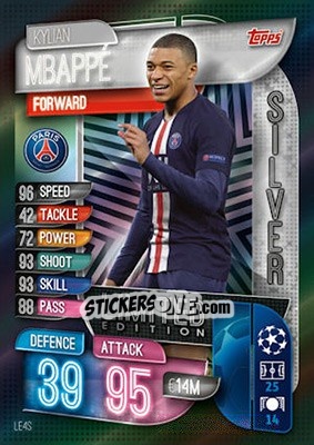 Sticker Kylian Mbappé - UEFA Champions League 2019-2020. Match Attax. UK Edition n. LE4S - Topps