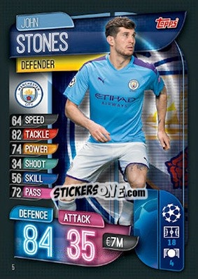 Sticker John Stones - UEFA Champions League 2019-2020. Match Attax. UK Edition n. 5 - Topps