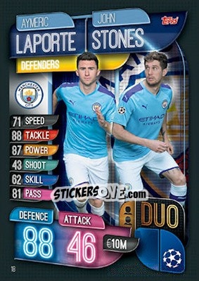 Sticker Aymeric Laporte / John Stones - UEFA Champions League 2019-2020. Match Attax. UK Edition n. 18 - Topps