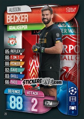 Sticker Alisson Becker - UEFA Champions League 2019-2020. Match Attax. UK Edition n. 20 - Topps