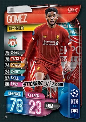 Sticker Joe Gomez - UEFA Champions League 2019-2020. Match Attax. UK Edition n. 24 - Topps