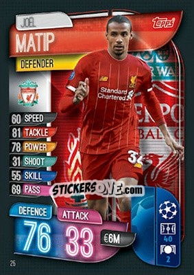 Sticker Joel Matip - UEFA Champions League 2019-2020. Match Attax. UK Edition n. 25 - Topps