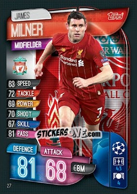 Sticker James Milner - UEFA Champions League 2019-2020. Match Attax. UK Edition n. 27 - Topps