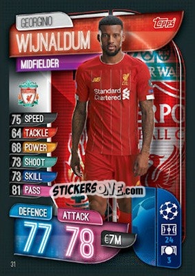 Sticker Georginio Wijnaldum - UEFA Champions League 2019-2020. Match Attax. UK Edition n. 31 - Topps