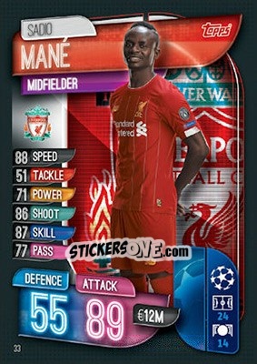 Sticker Sadio Mané - UEFA Champions League 2019-2020. Match Attax. UK Edition n. 33 - Topps