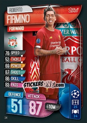 Sticker Roberto Firmino - UEFA Champions League 2019-2020. Match Attax. UK Edition n. 34 - Topps