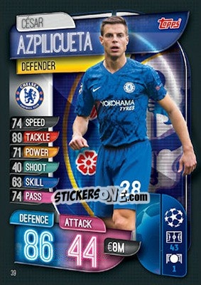 Sticker César Azpilicueta - UEFA Champions League 2019-2020. Match Attax. UK Edition n. 39 - Topps