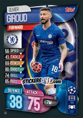 Sticker Olivier Giroud - UEFA Champions League 2019-2020. Match Attax. UK Edition n. 53 - Topps
