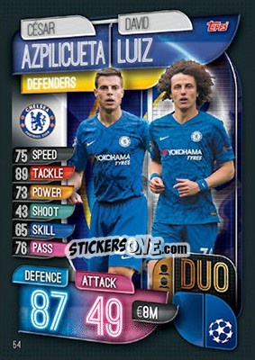 Sticker César Azpilicueta / David Luiz - UEFA Champions League 2019-2020. Match Attax. UK Edition n. 54 - Topps