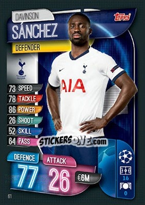 Sticker Davinson Sánchez - UEFA Champions League 2019-2020. Match Attax. UK Edition n. 61 - Topps