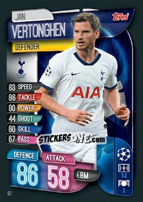 Sticker Jan Vertonghen - UEFA Champions League 2019-2020. Match Attax. UK Edition n. 62 - Topps