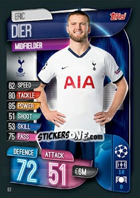 Sticker Eric Dier - UEFA Champions League 2019-2020. Match Attax. UK Edition n. 63 - Topps