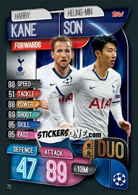 Sticker Harry Kane / Heung-Min Son - UEFA Champions League 2019-2020. Match Attax. UK Edition n. 72 - Topps