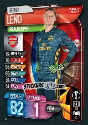 Sticker Bernd Leno - UEFA Champions League 2019-2020. Match Attax. UK Edition n. 74 - Topps
