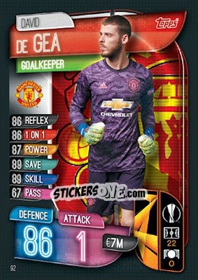 Sticker David De Gea - UEFA Champions League 2019-2020. Match Attax. UK Edition n. 92 - Topps