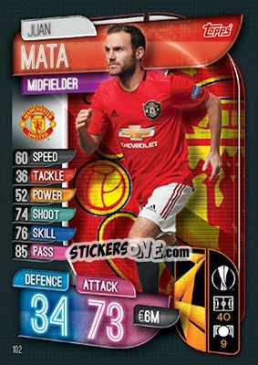 Sticker Juan Mata - UEFA Champions League 2019-2020. Match Attax. UK Edition n. 102 - Topps