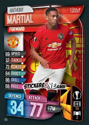 Sticker Anthony Martial - UEFA Champions League 2019-2020. Match Attax. UK Edition n. 105 - Topps