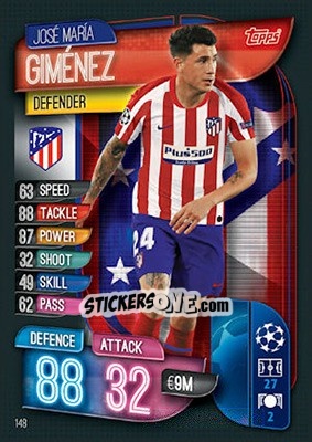 Sticker José María Giménez - UEFA Champions League 2019-2020. Match Attax. UK Edition n. 148 - Topps