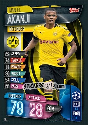Sticker Manuel Akanji - UEFA Champions League 2019-2020. Match Attax. UK Edition n. 188 - Topps