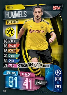 Sticker Mats Hummels - UEFA Champions League 2019-2020. Match Attax. UK Edition n. 189 - Topps