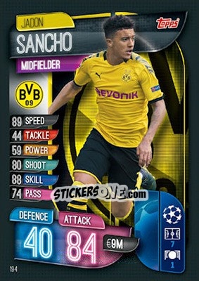 Figurina Jadon Sancho - UEFA Champions League 2019-2020. Match Attax. UK Edition - Topps