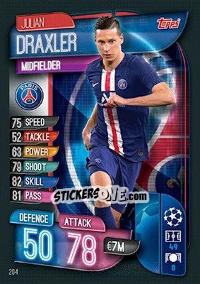 Sticker Julian Draxler - UEFA Champions League 2019-2020. Match Attax. UK Edition n. 204 - Topps