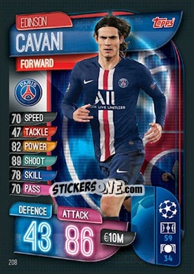 Sticker Edinson Cavani - UEFA Champions League 2019-2020. Match Attax. UK Edition n. 208 - Topps
